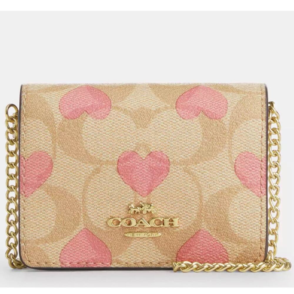 New Coach Boxed Mini Wallet On A Chain In Signature Canvas With Heart Print - Picture 3 of 12
